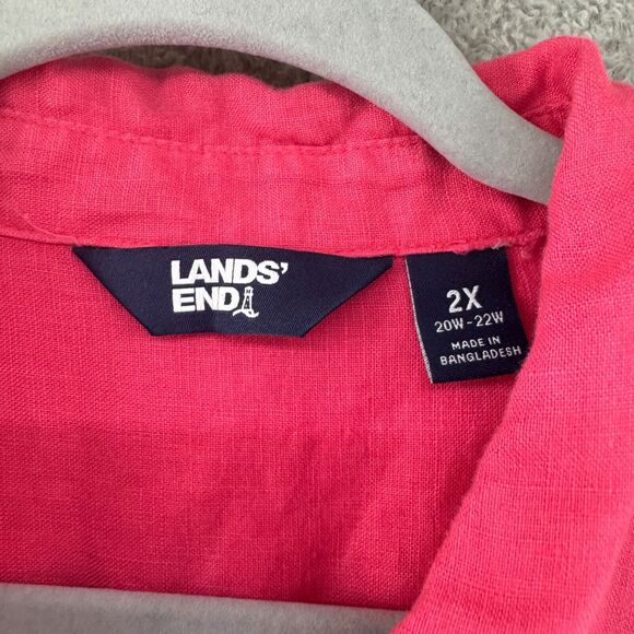 Lands End Shirt Women 2X Orange Linen Button Up Collared Roll Tab Long Sleeve - Picture 2 of 15